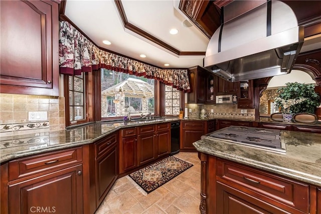 293 Fairway Dr, Lake Arrowhead, CA 92352 - kitchen featuring a tray ceiling, dark brown cabinets, range hood, and stainless steel appliances
