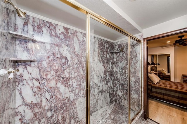 293 Fairway Dr, Lake Arrowhead, CA 92352 - full bath featuring a marble finish shower, ensuite bathroom, and wood finished floors