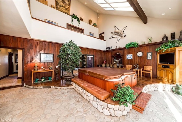 293 Fairway Dr, Lake Arrowhead, CA 92352 - interior space featuring pool table, beamed ceiling, high vaulted ceiling, and wood walls