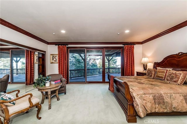 293 Fairway Dr, Lake Arrowhead, CA 92352 - bedroom with multiple windows, crown molding, and access to outside