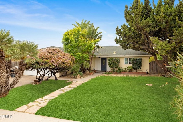 view of front of property with fence, stucco siding, a front yard, and concrete driveway