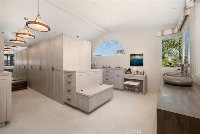 504 Evening Star Ln, Newport Beach, CA 92660 - bathroom featuring lofted ceiling with beams and a sink