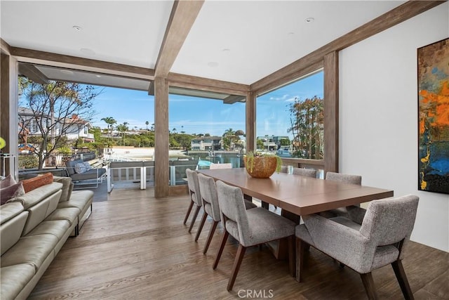 504 Evening Star Ln, Newport Beach, CA 92660 - interior space with floor to ceiling windows, wood finished floors, and beamed ceiling