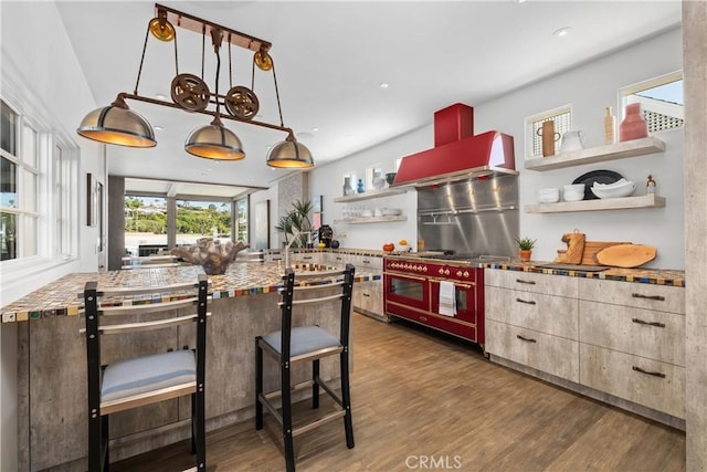 504 Evening Star Ln, Newport Beach, CA 92660 - kitchen with wall chimney exhaust hood, open shelves, dark wood-style flooring, and decorative light fixtures
