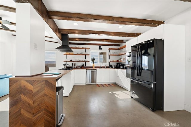 kitchen with open shelves, stainless steel dishwasher, freestanding refrigerator, island range hood, and modern cabinets