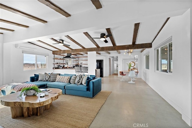 living room with a wall mounted AC, finished concrete floors, beam ceiling, and ceiling fan with notable chandelier