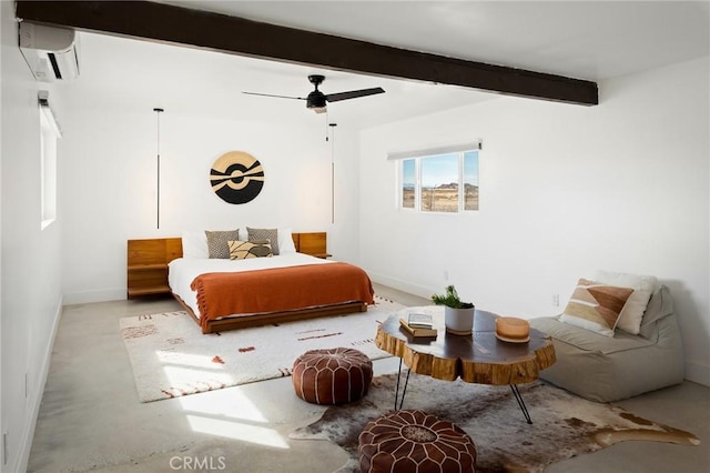 bedroom featuring a ceiling fan, beam ceiling, an AC wall unit, and baseboards