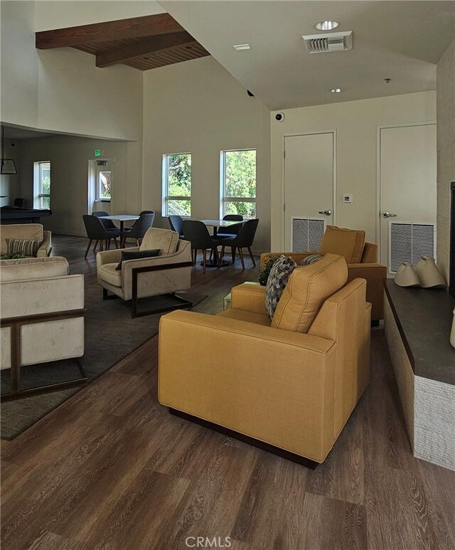 5440 Baltimore Dr Unit 144, La Mesa, CA 91942 - living area with dark wood-type flooring, healthy amount of natural light, high vaulted ceiling, and beam ceiling