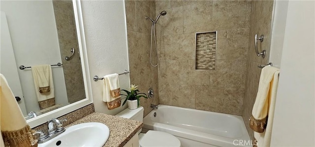 full bathroom with toilet, tub / shower combination, and vanity