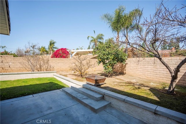 view of yard featuring a patio area and a fenced backyard