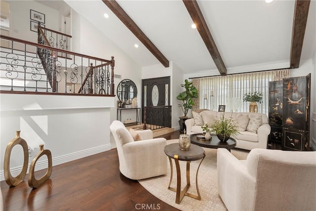 living area featuring recessed lighting, stairway, wood finished floors, beamed ceiling, and baseboards