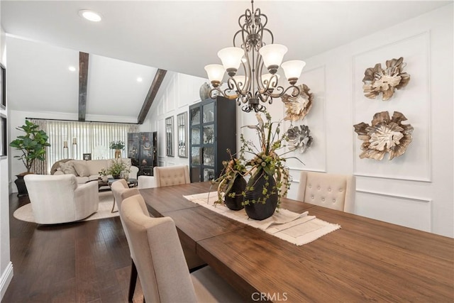 dining space featuring lofted ceiling with beams, dark wood-style flooring, recessed lighting, and a notable chandelier