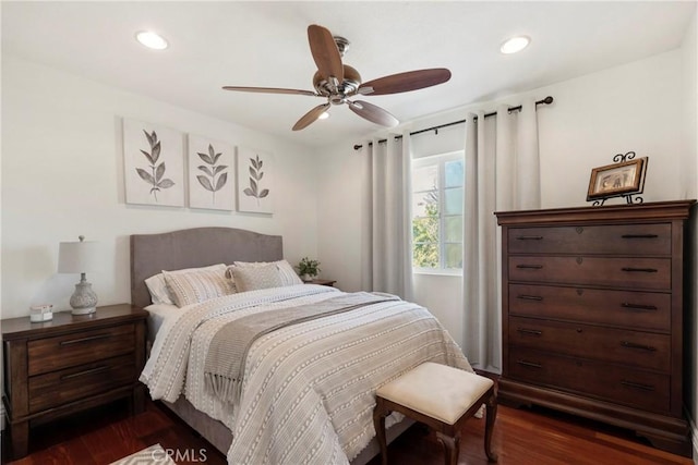 bedroom with recessed lighting, dark wood-style flooring, and ceiling fan