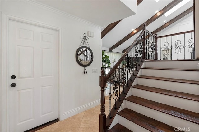 stairs with vaulted ceiling with beams, tile patterned flooring, recessed lighting, baseboards, and ornamental molding