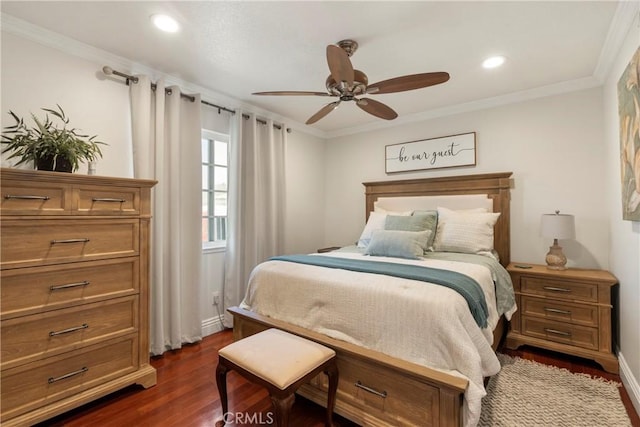 bedroom with ceiling fan, ornamental molding, dark wood finished floors, and recessed lighting