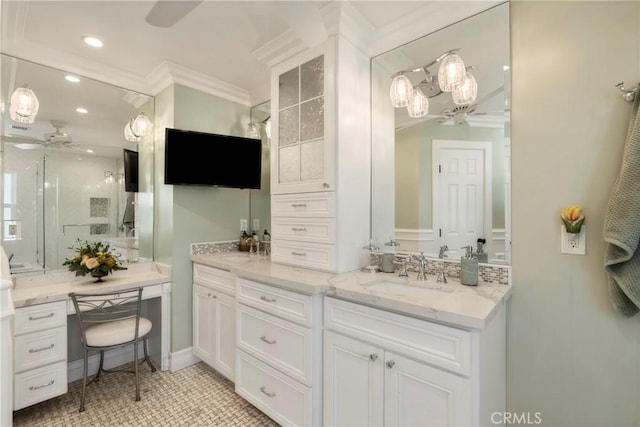 bathroom with a shower, crown molding, recessed lighting, a ceiling fan, and vanity