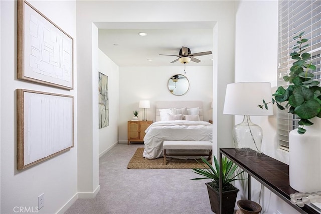 carpeted bedroom with recessed lighting, a ceiling fan, and baseboards