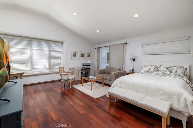 bedroom with dark wood-type flooring, lofted ceiling, and recessed lighting