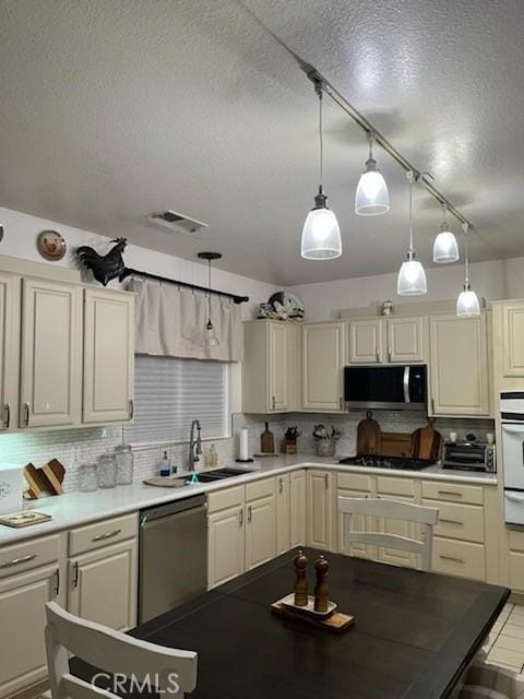 kitchen with stainless steel appliances, hanging light fixtures, a sink, and backsplash