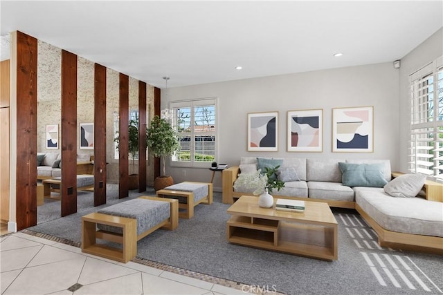 living area featuring recessed lighting and tile patterned floors