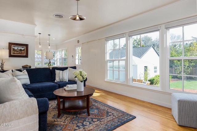 living room featuring visible vents, radiator heating unit, ornamental molding, wood finished floors, and baseboards