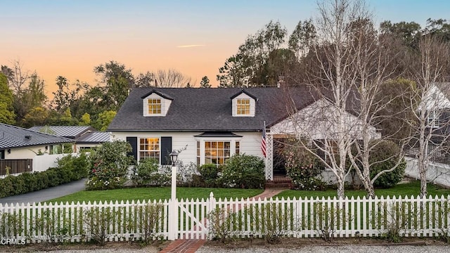 cape cod-style house with a fenced front yard and a front lawn