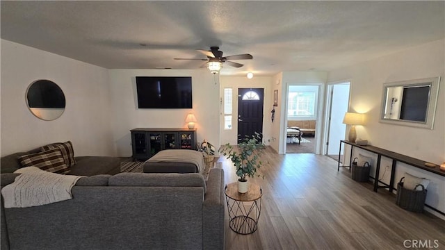 living room with a ceiling fan and wood finished floors