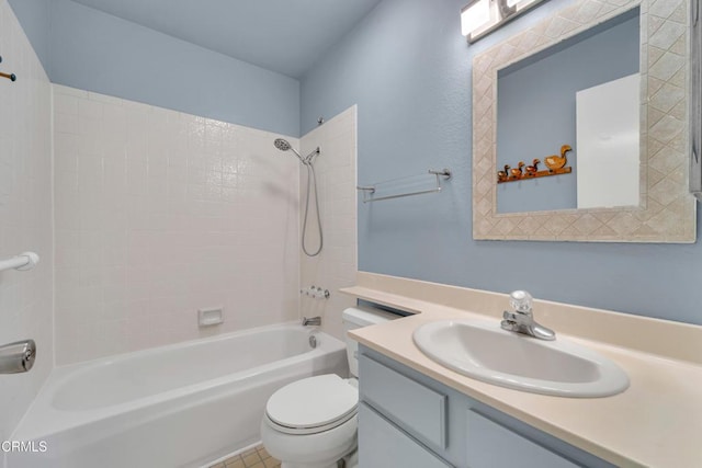 bathroom featuring toilet, shower / bath combination, and vanity