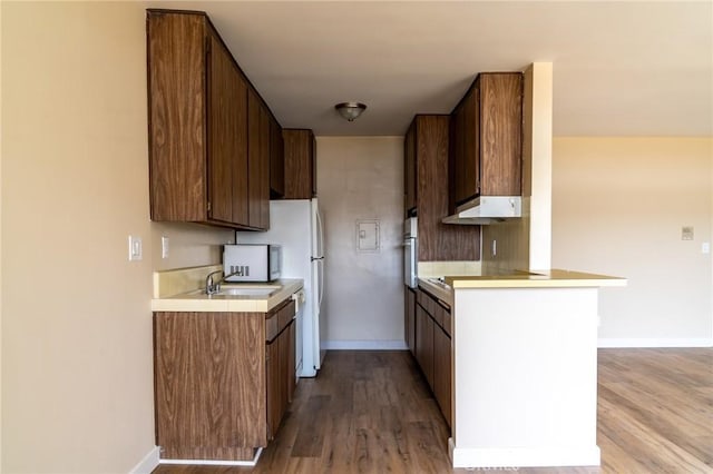 kitchen with light countertops, light wood finished floors, a sink, and under cabinet range hood