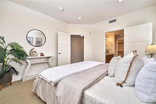 bedroom with recessed lighting, visible vents, baseboards, and light colored carpet