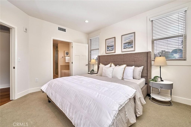 bedroom featuring baseboards, multiple windows, visible vents, and recessed lighting