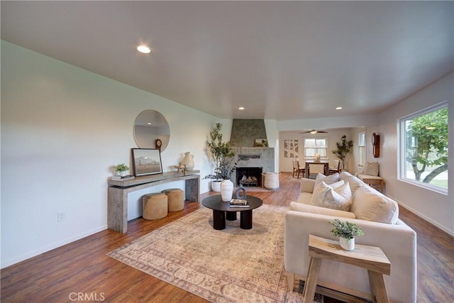 living area featuring a premium fireplace, baseboards, a wealth of natural light, and wood finished floors