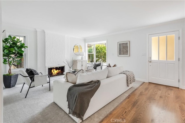 living room featuring baseboards, a fireplace, light wood-style flooring, and crown molding