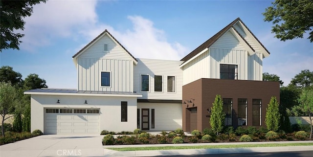 modern farmhouse with board and batten siding, a standing seam roof, driveway, and metal roof