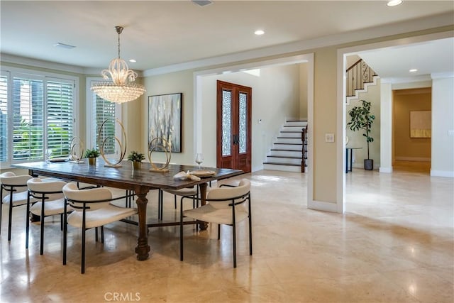 dining area with crown molding, stairway, baseboards, and an inviting chandelier