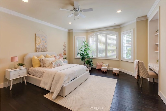 bedroom featuring dark wood-style floors, baseboards, ornamental molding, and recessed lighting