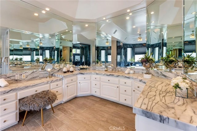 bathroom featuring wood finished floors, a sink, and a ceiling fan