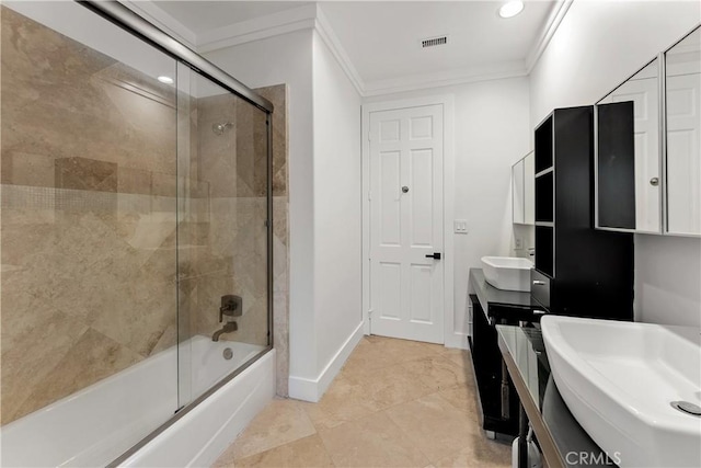 25605 Queenscliff Ct, Calabasas, CA 91302 - bathroom with vanity, crown molding, bath / shower combo with glass door, tile patterned flooring, and recessed lighting