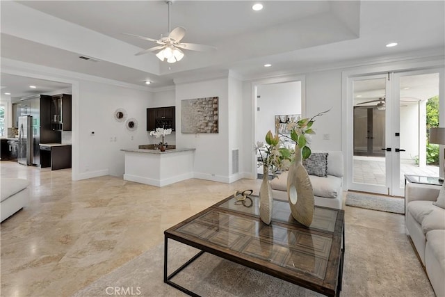 25605 Queenscliff Ct, Calabasas, CA 91302 - living room with a ceiling fan, a tray ceiling, recessed lighting, and ornamental molding
