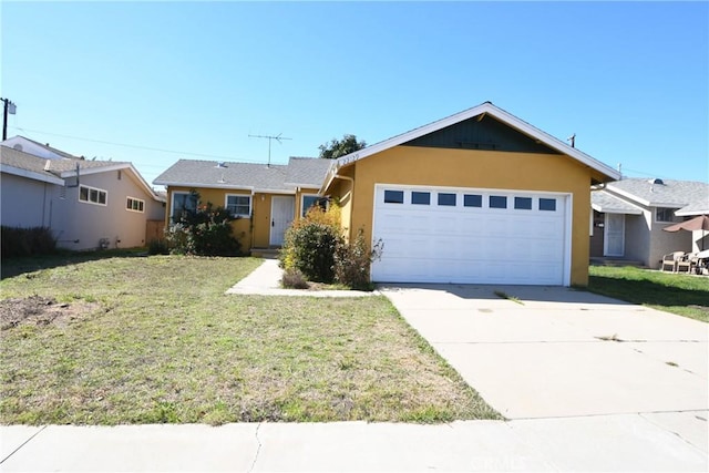 single story home featuring a garage, driveway, a front lawn, and stucco siding