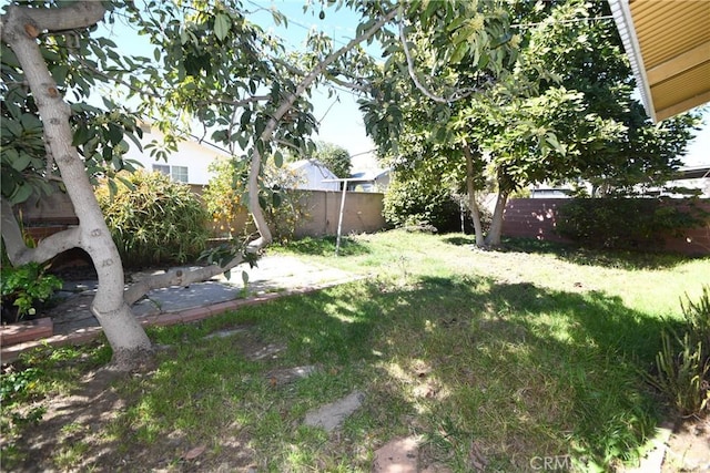 view of yard featuring a patio area and a fenced backyard