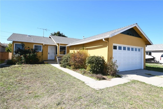 ranch-style house with a garage, a front yard, concrete driveway, and stucco siding