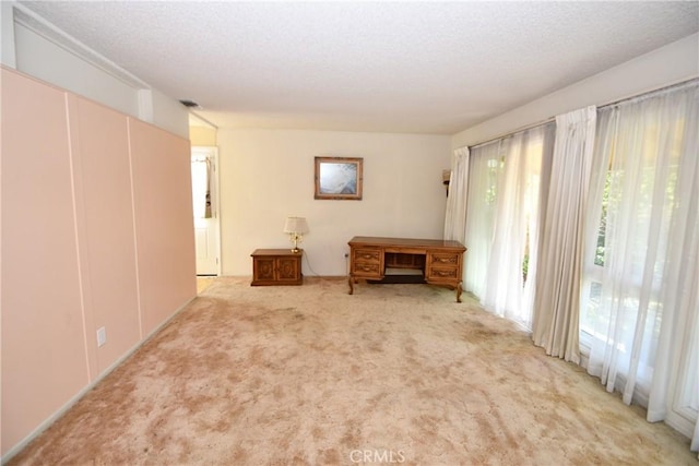 unfurnished room with a textured ceiling, visible vents, and light colored carpet