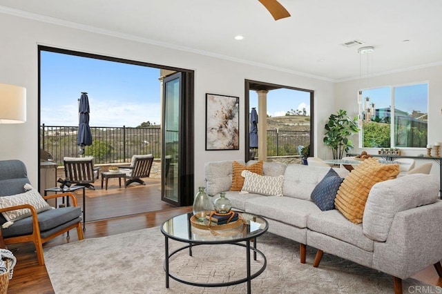 living room with plenty of natural light, wood finished floors, and visible vents