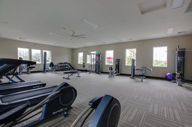 gym featuring ceiling fan, carpet floors, visible vents, and baseboards