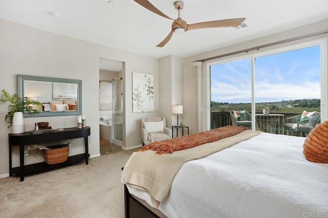 bedroom featuring access to exterior, light colored carpet, visible vents, connected bathroom, and baseboards