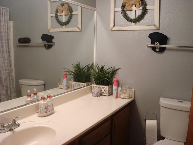 full bathroom featuring toilet, a shower with shower curtain, and vanity