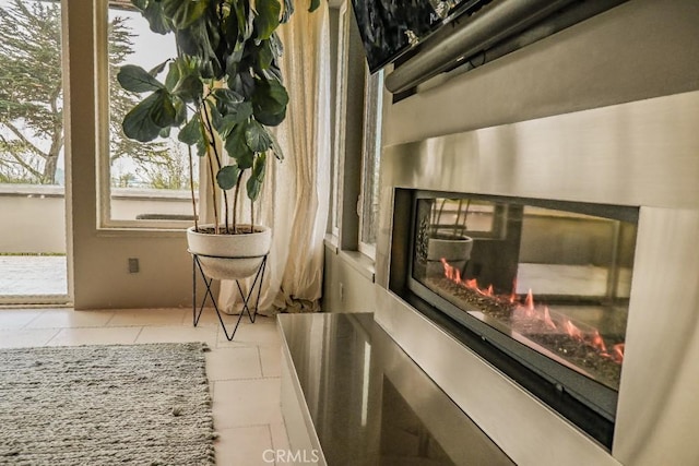 interior details featuring a glass covered fireplace