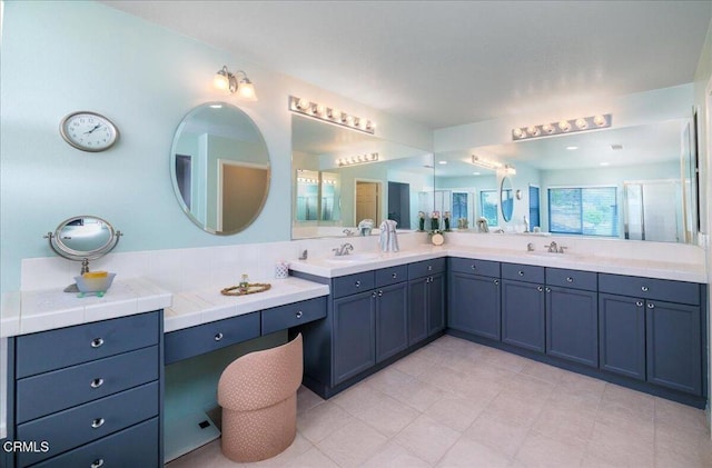 29065 Madrid Pl, Castaic, CA 91384 - bathroom with double vanity, a stall shower, and tile patterned floors