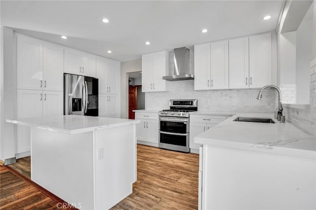 15470 Longbow, Sherman Oaks, CA 91403 - kitchen with a sink, appliances with stainless steel finishes, backsplash, and wall chimney range hood